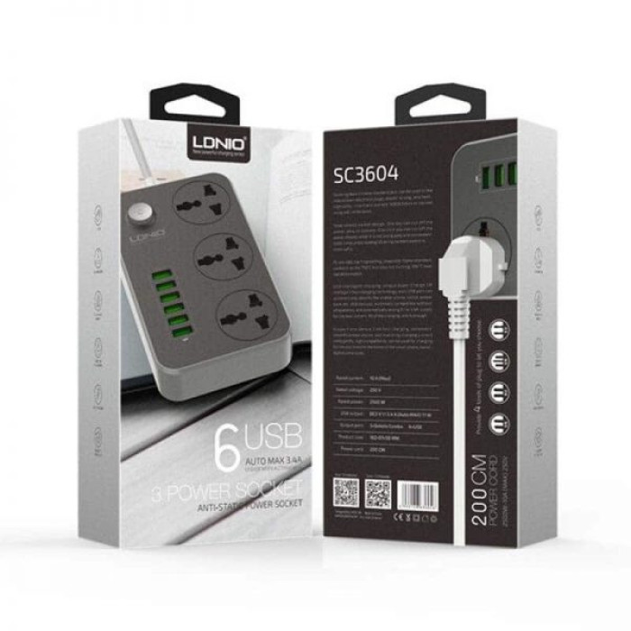 Ldnio SC3604 Power Strip with 3 AC Sockets and 6 USB Ports – Black thumbnail